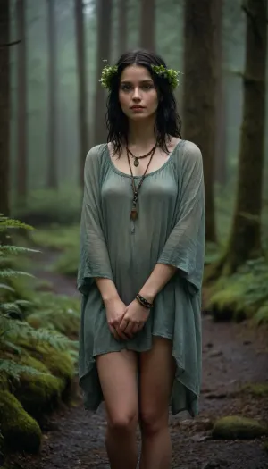 ** Witch girl in a relaxed pose in the rain.** Her raven-colored hair is loose, slightly wavy, with wooden beads woven into the strands and feathers sticking to her skin from the moisture. She is wearing a loose tunic made of natural linen in a milky shade, soaked in the rain, the fabric hugs her ample breasts, transparent in the light, but gently conceals the shape of her thighs, reaching to her knees. The left shoulder is exposed, and the sleeve of the right arm slides down, exposing the collarbone. Around her neck is a simple necklace made of river stones and leather, bracelets made of coarse textiles and turquoise. She stands barefoot on moss by an old stone well, surrounded by a wild forest of lichen-covered boulders, ferns, and rain-drenched flowers. Her posture is deliberately casual, her head is slightly thrown back, her eyes are closed, and her lips are slightly parted, as if she is inhaling the smell of rain. Her face is lightly flushed and her skin glistens with moisture. The rain washes softly over her, trickles down her back, neck, and legs, and the hem of her tunic sticks to her thighs, emphasizing their roundness. All around — fog mixed with rain, and the green of the forest, illuminated by the dim light of the moon. The atmosphere is calm, almost peaceful, no crows, no tombstones — just nature. Her image combines natural sexuality, (wet fabric, exposed skin), and harmony with the forest, and in her hand she holds a wreath of wildflowers, as if just woven. Details, drops on the eyelashes, a slight smile, bare feet pressed into the moss, and a warm skin tone that contrasts with the cold tones of the rain., witch_style