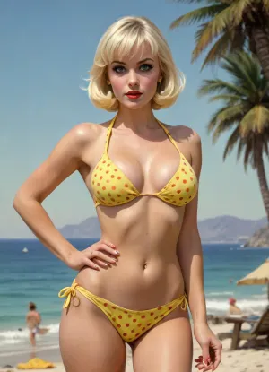 ((full body view, wide angle view)), NSFW, frank Frazetta sketch of Vintage beach movie poster, (platinum blonde bob-cut hair with bangs), Latina, blue eyes, orgasm facial expression, cleavage, (((itsy-bitsy yellow polka dot bikini))), shaved pussy, pinup, red lipstick, JC Leyendecker, Ron Cobb, Norman Rockwell, 1960s PULP, triadic Colors, French Riviera themed background, breasts, big, boobs, huge, tits, <lora:bombshell_v2:.6>