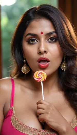 indian woman with massive boobs, (36dd), sucking a lollipop, seductive eyes