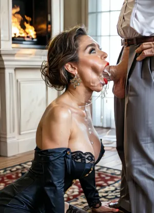 (1man 1woman), 70-year-old man, butler, he is thin, skinny, bony and tall, he has a bald head, wrinkled face, he is a horny guy, (he is dressed in a suit, showing his big cock, fully dressed), woman is beautiful 50 year old, (sexy gilf), facial wrinkles, erect nipple's, side view, very realistic, best quality, highly detailed, sucking, squatting and spreading legs in front of butler, ((lower body naked)), big scared eyes, pale skin, red lips, open mouth, (brunette bob haircut), very big bombastic tits, mature face, elegant face, looking up, transparent black nylon stockings, sandals with stiletto heels, jewelry, (wearing a dark blue open blazer), view on perfect natural vagina, sexual scene, blowjob, deepthroat, (butler is ejaculating in woman's mouth), (cumshot:1.5), aggressive facefucking, huge cumload, woman is peeing, scared eyes, eyes wide open, (in background fireplace, on precious oriental carpet in a victorian dining room), daylight, perfect illumination, (best shadow), 8k, woman, a, cock, <lora:add-detail-xl:.5>, <lora:MJ52:.5>, <lora:WTS - WhatTheSuck - v1:.8>