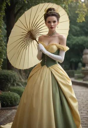 Full body, Vala, Phantom of Oakenfell, day, human, female, readied stance, esteemed connoisseur, appraiser, knowledgeable, (noblewoman), secretive, (brown hair tied in a bun), (large yellow feather hair ornament), (pale yellow gown that turns to dark desaturated green as it goes down in a gradient), (dress has lots of ruffles), (pale yellow parasol with dark green handle), (white silk gloves that come partway up her forearms), (European vibes)