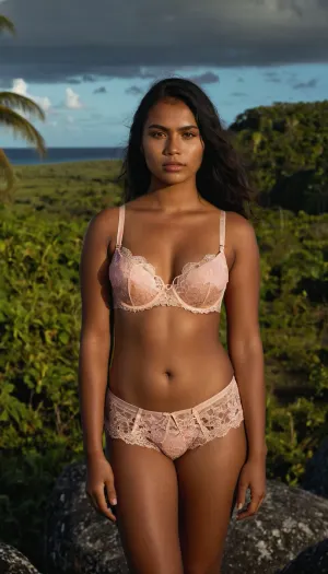 full-body portrait of a, (typical), (19 year old), (Nauru woman), (colorfull lace-lingerie, bra and panties), standing in a typical Nauru landscape.