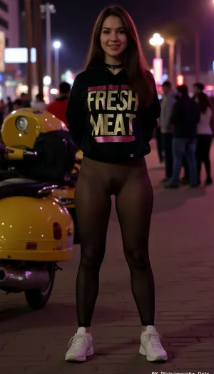 22 year old petite Brunette Persian girl, facing viewer, beautiful detailed yes, wearing a goth style graffiti picture hoodie, Text printed in large golden letters on the hoodie "FRESH MEAT". pawg, wearing long tight random color transparent lycra leggings, wearing white trainers, feet facing the correct way, beautiful, normal proportions of legs, cute, ((no underwear)), big booty, massive boobs, sexy smile, on a neon street at night, Behind her stands a large group of arab sheikhs men in the background, ((8k uhd, high quality, high resolution, all of focus, ultra-detailed, professional photography, photorealism, realistic, sharp line, beautiful sexy fit dark red goth girl, beautiful face, long hair, dark blonde hair seductive face, makeup, body visible, complete body, türkis latex catsuit, rose clothes, high heels boots, rose slave collar, dildo, sex, toy, vaginal, object, insertion, anal, A 40-year-old lady wearing a transparent green PVC jumpsuit stands porn-style in front of a yellow Vespa Primavera. spread pussy. The horny lady masturbates her spread pussy with a champagne bottle stuck in her pussy., The horny lady masturbates her spread pussy with a champagne bottle stuck in her cum-covered pussy., (((Hammer handle in anal ass))), <lora:dildo-v03-std-e97:.5>, <lora:FF-Latex.ID-XL-011.bf16:.5>))