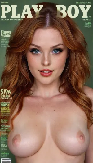 A vintage image of an 18 year old freckled redhead Irish girl with beautiful highly detailed green eyes, ((magazine)), ((playboy cover)), 5'9" tall, 120 lbs, highly detailed long curly hair, full red lips, big round tits, cleavage, light breast areolas, sweet calm smile, flat stomach, highly detailed slender body, deeply tanned, narrow waist, shaved pussy, playboy, magazine, cover, <lora:playboy_cover_SDXL_v1:.5>, ellyclutch, <lora:ellyclutch:.8>
