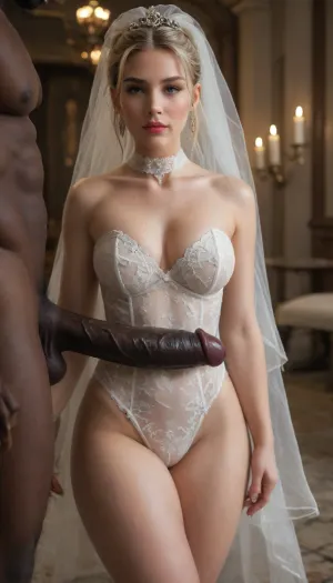 interracial fuck, interracial sex, ((extreme large black penis is between the bride's thick thighs)), A breathtaking Russian bride with long, blonde hair cascading in soft waves, a voluptuous figure with fair, glowing skin, and a strikingly large, curvaceous backside, wearing a sheer, lacy white wedding dress that hugs her curves., ((A black spade tattoo)), shimmers on her neck under warm candlelight, set in a luxurious honeymoon suite filled with red roses and soft, romantic lighting. She exudes bold confidence with a seductive, teasing gaze, adorned with a diamond choker featuring a prominent spade symbol, her hair crowned with a delicate bridal tiara. In the background, a man in a sleek groom’s tuxedo, embodying the cuckold role, watches her with awe and simmering excitement. The scene is charged with intimate, forbidden allure, with warm lighting, a hint of mist in the air, and a cinematic, high-definition style that captures the Queen of Spades fantasy in all its intensity.