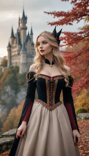 A young woman with long, flowing blonde hair and a captivating gaze, adorned with a large black witch's hat embellished with autumnal red leaves. Her expression is serene, yet slightly mysterious. Her captivating eyes have a deep golden hue, accentuated by full, rich red lips. She's likely in her late teens or early twenties, of light European descent. Her outfit is a black, flowing garment, seemingly a dress or cloak. The woman's pose is a three-quarter view, turning towards the viewer, her head tilted slightly. A majestic castle is intertwined with her image, nestled amidst a mountainous autumnal landscape. The castle is a light beige color, with intricate details of turrets and battlements. The mountainside is covered in vibrant shades of autumnal red and gold leaves. Thick fog and misty clouds envelop the landscape. Tiny stars are scattered throughout the sky. The lighting is dramatic, with a soft glow illuminating the castle and the woman's face. The overall mood is enchanting and dreamlike, reminiscent of fairytales. The artwork showcases a delicate balance between the intricate details of the castle and the ethereal quality of the woman. Atmospheric perspective is strongly used, placing emphasis on the castle and the distance background. The colors are rich and well-balanced, with dark backgrounds and vibrant highlights. A muted palette of autumnal colors and dark gray tones is employed. A subtle glow and luminescence add to the fantasy style. The style is a blend of fantasy art and portraiture, with a touch of romanticism.
