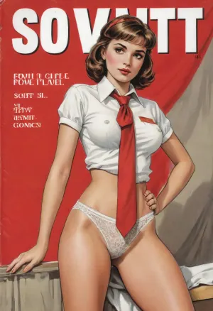 (single drawn girl:1.3), (illustration:1.3), (hand drawn:1.3), (drawn porno comics book cover:1.3), (TITLE text, "Soviet":1.3), (Soviet pioneer girl:1.2), Soviet pioneer girl 18yo, in a red scout tie, white blouse and white panties, sexy random pose, sovietForm, sopi, <lora:iltromba_artwork_style_smm_SDXL_LORA_v07:.5>, <lora:text:1.1>