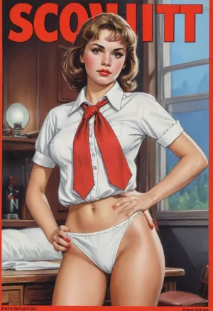 (single drawn girl:1.3), (illustration:1.3), (hand drawn:1.3), (drawn porno comics book cover:1.3), (TITLE text, "Soviet":1.3), (Soviet pioneer girl:1.2), Soviet pioneer girl 18yo, in a red scout tie, white blouse and white panties, sexy random pose, sovietForm, sopi, <lora:iltromba_artwork_style_smm_SDXL_LORA_v07:.5>, <lora:text:1.1>