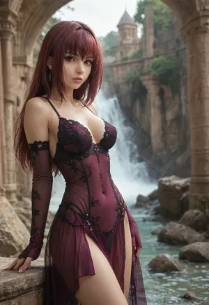 (Fate Grand Order Scathach:1.3), (red eyes:1.1), (very narrow waist:1.5), see through, (Scathach outfit:1.2), black lace trim, transparent long gloves, temple ruins, waves, mist