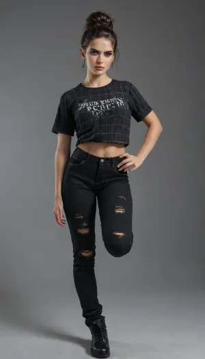 A gritty high-fashion photograph featuring a model with porcelain fair skin, adorned in modern punk attire consisting of ripped fishnet stockings, black leather pants, and a bold tartan shirt, showcasing a defiant expression with a subtle smirk. Her hair is styled in a messy, bold updo, with a few stray strands framing her sharp jawline. The model's eyes, lined with dark eyeliner, seem to pierce through the lens, exuding confidence and attitude. She's posed in a challenging, dynamic position, with one leg bent behind the other, conveying a sense of relaxed tension. The dark background, a deep, cool gray, provides a subtle contrast to the model's bold attire, allowing her to take center stage. The overall aesthetic is raw, edgy, and unapologetic, with a focus on capturing the model's unbridled energy and personality.