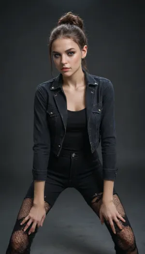 A gritty high-fashion photograph featuring a model with porcelain fair skin, adorned in modern punk attire consisting of ripped fishnet stockings, black leather pants, and a bold tartan shirt, showcasing a defiant expression with a subtle smirk. Her hair is styled in a messy, bold updo, with a few stray strands framing her sharp jawline. The model's eyes, lined with dark eyeliner, seem to pierce through the lens, exuding confidence and attitude. She's posed in a challenging, dynamic position, with one leg bent behind the other, conveying a sense of relaxed tension. The dark background, a deep, cool gray, provides a subtle contrast to the model's bold attire, allowing her to take center stage. The overall aesthetic is raw, edgy, and unapologetic, with a focus on capturing the model's unbridled energy and personality.