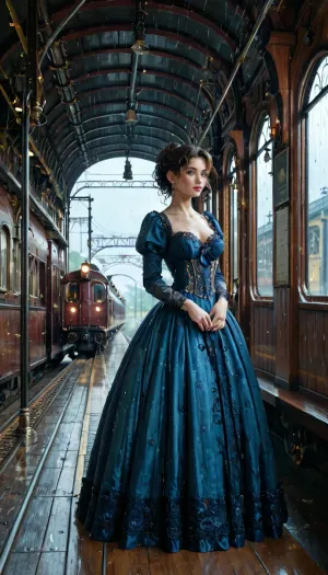 steampunk style railroad station, train arriving, steam locomotive first, late night, rainy windy whether, meet-and-greet girl in victorian dress standing around, full body view