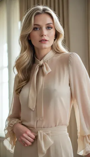 WHITE CLEAN BACKGROUND, A BEAUTIFUL LONG HAIR BLONDE WOMAN WEARING A flowing, semi-sheer BEIGE blouse crafted from lightweight chiffon fabric, featuring dramatic oversized bell sleeves with layered ruffled cuffs that cascade gracefully. The blouse is adorned with a delicate bow-tie neckline, adding a vintage-inspired elegance. The fabric gathers subtly at the shoulders, creating a voluminous silhouette that exudes a blend of femininity and sophistication. The blouse is styled to showcase its ethereal quality, with soft sunlight highlighting the intricate texture and movement of the fabric, NEUTRAL TONES, 32k