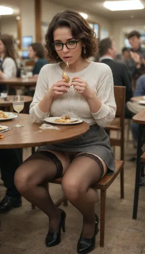 Cute girl, mennonite girl, medium sized breast, short curley hair, brown stockings, shoes, skirt, glasses, sweater and hairy pussy, sitting at the table in an elegant restaurant full of people, eating, (hairy pussy visible:1.1), closeup, leaking cum