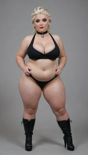 (Elsa from Frozen), goth makeup, model face, (fat natural breasts, ssbbw), (fat body:1), (fat bulging cleavage), strong shoulders, high-heeled boots, fat arms, (strong neck, chubby chin)