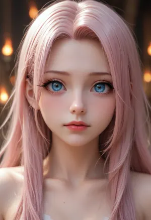 fate grand order Chloe von Einzbern, 1 girl, nude, pink hair, bright blue eyes, (very long eyelashes:1.4), makeup, blushing, view of face