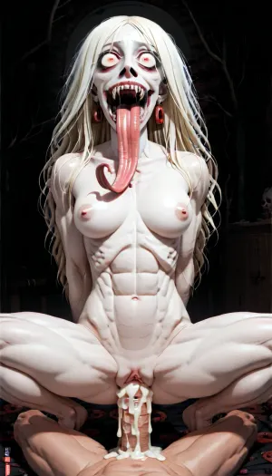 ((horror:1.4)), petite little sleep paralysis Daemon squatting on a man's huge cock, (size difference:2), white blonde hair, long straight hair, (squatting:1), (man laying on back), sexy daemon with terrifying fangs, (pov, muscular man, large cock deep inside her stretched pussy:1), ((huge cock:1.2)), (small vampire, cowgirl position), ((terrifying, Daemon face, fangs, wide mouth, sharp teeth:1)), (huge mouth, long tongue), (super pale), naked, tight body, tight pussy, (creampie, cum dripping, excessive amounts of cum), uberfit, muscular, athletic, <lora:597751_training_data:1.2>, <lora:uberfit_lora_sdxl:.6>, <lora:ahxl_v1:1.6>, <lora:187621_training_data:1.4>, <lora:EnvySleepParalysisXL01:1>