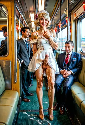 japantraininterior, train, interior, multiple, girls, boys, crowded, erect-futa, erect-penis, woman, testicles, erection, futagirl knee, bukkake in the train, covered with cum, happy, <lora:Japanese_Train_Interior:.8>, <lora:SDXLlora13ErFut:.8>