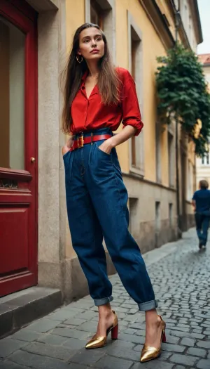 dark blue baggy paperbag slouchy jeans, very long hair, red belt, gold shoes, prague, slouchy style, ponytail, gold blouse