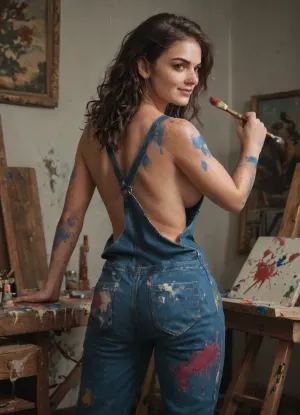 score_9, score_8_up, score_7_up, 1girl, breasts, solo, paint, painting_, (object), realistic, large_breasts, (action), long_hair, brown_eyes, naked_overalls, looking_back, looking_at_viewer, paintbrush, smile, canvas_, black_hair, bodypaint, nose, lips, bent_over, paint_splatter, indoors, from_behind, hanging_breasts, palette_, thighs, freckles, pants