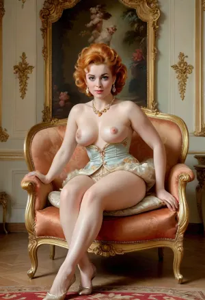 Rococo painting, Boucher, Fragonard, sexy curvy woman, sexy 40 years old, nude, squatting, spread legs, ((She opened her legs wide)), on the armchair, legs spread wide apart, beautiful pubis, plump vagina, swollen labia, (ginger pixie-cut hair:1.3), very short hair, pixie hair, hot, horny, fancy and glamour, big hoop earrings, necklace, big black eyes, curvy chubby, very tall, normal rounded soft slightly saggy tits, at the retro bedroom, looking at the camera, naught horny smile face, big long face, big pointed nose, style, of, patten, Rococo, beautypinupart, 1girl, AH_Fragonard, rococo, french, painting, fullcolor image, 8K quality, Anne Stuart, Queen of England, Scotland and Ireland, stands in the ballroom of the palace surrounded by courtiers, wearing a luxurious brocade dress with a deep neckline, decorated with pearls and precious stones, full body in frame, pussy, labia, clitoris, big, open, spread, closed, small, medium, large, long, shaved, pubic, hair, bad, lighting, bright, 1-alpha, .8>, <lora:tbh356-sdxl:.6>, <lora:PinupManiaXL_V1.0:.7>, <lora:424902_training_data:.7>, <lora:293943_training_data:.6>, <lora:275493_training_data:.6>