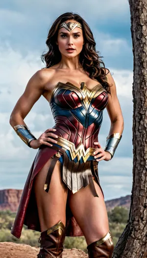 Wonder Woman, full-length, (realism:1.3), (photorealism:1.3), high quality, 4k, (incredible detail:1.3), masterpiece, intricate, (high quality leather with details:1.3), (raw photo, best quality:1.4), (High quality-detailed color photo in RAW format:1.3), high resolution, 8k UHD, (full height 1.3), ((very large disproportionate bust)), (long slender legs), ((torn clothes)), full body demonstration, giant breasts, ((naked pussy)), Side view from the front, under the skirt, vagina, outside, front, ((without panties)), ((standing tall))