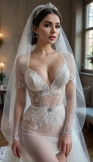 Super Busty Curvy Iranian Bimbo slut, Avant-garde bridal gown with a bold and elegant design, featuring a deep plunging neckline and wide open collar that accentuates the neck and collarbones. The dress incorporates a fully sheer lace panel over the stomach area, showcasing delicate floral embroidery and intricate mesh patterns, adding a sensual yet sophisticated touch.

The silhouette is sleek and fitted, crafted from a luxurious combination of satin and transparent organza layers with subtle metallic accents that catch the light. The sleeves are long, made of sheer fabric with subtle shimmer, flowing gracefully to the wrists.

The skirt flows into a dramatic train with asymmetric layers, blending soft tulle and structured panels, creating a striking contrast between softness and architectural shape. The color palette combines classic ivory with hints of soft champagne and silver.

Accessories include a minimalist geometric headpiece and a translucent veil that cascades lightly behind. The overall vibe is modern, daring, and perfect for an avant-garde bridal fashion editorial., unaestheticXL_cbp62, bmbplora, <lora:xl_more_art-full_v1:.8>, <lora:DetailedEyes_V3:.8>, <lora:bimboxl_02:1.1>