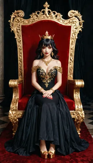 gold fleur delise earrings and necklace, wavy black hair with bangs, big irises, vampire queen, red eyes, large jeweled crown, black royal gown, sitting on throne, full body view, gold bracelets, gold royal heels