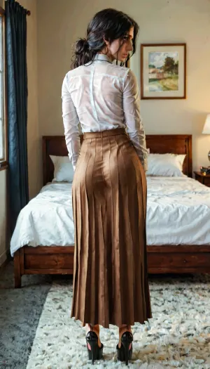 pieck finger from attack on titan, luxury bedroom, wolfcut, dark hair, clear eyes, tired eyes, white shirt, long skirt, brown pleated skirt, exessive cum on skirt, conservative clothes, ultra tight waist, arch back, large hips, bulging ass, brown platform heels, hdr, no blur, back view