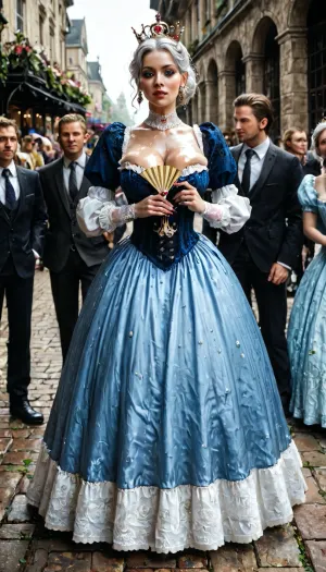 Artsyle DevilHS, Queen, huge sagging Breast, crown, blue ballgown dress, holding fan, Victorian dress, Victorian hair close up, detailed face, white puffy hair, white hair, wig, Detailed face, sweaty skin, hair up, pale skin, pregnant, fully clothed, party, crowd, full body view