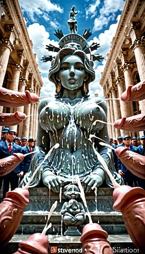 Beautiful woman, statue of liberty personified. Large breasts. Surrounded by erect ducks. Dicks are ejaculating everywhere.