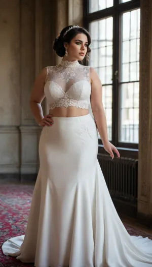 Curvy Busty Iranian Bimbo Avant-garde bridal gown with a bold architectural design. The upper bodice is fully made from soft, sheer loose-flowing lace fabric such as heavy crepe or structured chiffon, The fabric gently drapes over the shoulders, neck, and chest, forming a modest high-neck collar and covering the bust without clinging to the body. Curvy iranian bride, The coverage ends abruptly and precisely just at the underboob line, — creating a dramatic and intentional cutoff with no lace, mesh, or transition. Below this point, the skin is fully exposed or transitions directly into a minimalist high-waisted skirt, making the exposed midsection an intentional and striking design feature.

The contrast between the modest, flowing upper section and the sudden exposure beneath creates a radical, editorial look that challenges traditional bridal aesthetics. The overall silhouette is clean, minimal, and sculptural.

Color palette, pure white or ivory, with no embellishment — relying on shape and concept alone for impact. Accessories, none or very minimal, to emphasize the raw form of the gown., plump, skindentation, chubby, bbw, venus, body, big, breasts, ass, <lora:lith_fomaspeeds311:2>, <lora:Chubby BBW - XL:.4>