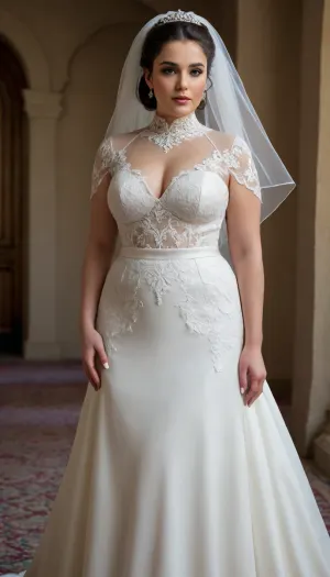 Curvy Busty Iranian Bimbo Avant-garde bridal gown with a bold architectural design. The upper bodice is fully made from soft, sheer loose-flowing lace fabric such as heavy crepe or structured chiffon, The fabric gently drapes over the shoulders, neck, and chest, forming a modest high-neck collar and covering the bust without clinging to the body. Curvy iranian bride, The coverage ends abruptly and precisely just at the underboob line, — creating a dramatic and intentional cutoff with no lace, mesh, or transition. Below this point, the skin is fully exposed or transitions directly into a minimalist high-waisted skirt, making the exposed midsection an intentional and striking design feature.

The contrast between the modest, flowing upper section and the sudden exposure beneath creates a radical, editorial look that challenges traditional bridal aesthetics. The overall silhouette is clean, minimal, and sculptural.

Color palette, pure white or ivory, with no embellishment — relying on shape and concept alone for impact. Accessories, none or very minimal, to emphasize the raw form of the gown., plump, skindentation, chubby, bbw, venus, body, big, breasts, ass, <lora:lith_fomaspeeds311:2>, <lora:Chubby BBW - XL:.4>