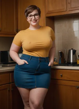 a short fat plain looking nerdy nerdy college girl wearing a denim skirt and a tee shirt, cute face, short, curvy, glasses, short legs, very large breasts, big tits, wide hips and fat thighs, pale skin, brown eyes, pixie cut brown hair, standing in the kitchen, smiling, bbw, full figure, chubby body, big, breasts, ass, <lora:Chubby BBW - XL:1.9>