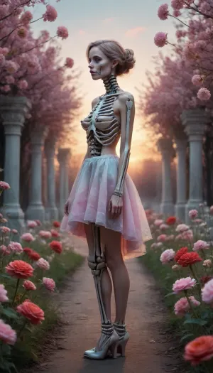 A Macabre and Surreal Illustration of a woman in light pastels depicts a skeletal figure adorned with elaborate floral arrangements that blend elements of the Gothic and Symbolist art movements. Meticulously detailed. Strong contrast between the organic and inorganic. A somber and timeless atmosphere with a hint of nostalgia and history. The light source comes from the front and casts subtle shadows that enhance the three-dimensionality of the bones and flowers. The floral elements are rendered with great attention to detail, their soft petals contrasting with the sharp, angular lines of the skeleton. The flowers add a romantic touch to the work. The texture is smooth with delicate, precise lines and a polished finish. Masterful blend of horror and beauty. Provokes reflection on the transience of life and the inevitability of death. floral short skirt made of cotton candy, romantic sunset, red, smoke, colorful and vibrant, mystical colors, iridescent perspective view, sweeping circling composition, non-representational, colors and shapes, expression of feelings, imaginative, long shadows, dreamy mood, detailed photo, photorealistic photo, realistic pretty women photo, realistic, night vision, soft fokus, parallax, overexposure, photo style, she kneels, cinematic, filmic, scribbled lines, surrender, polychromatic, diffuse, #©KITTYART