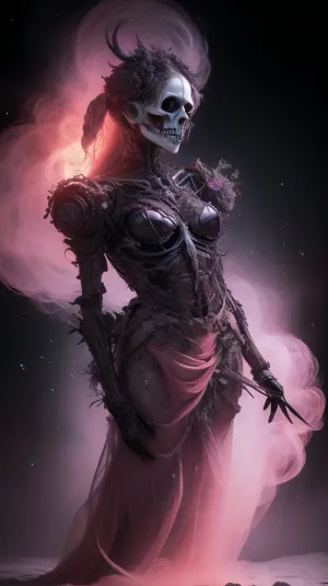 A Macabre and Surreal Illustration of a woman in light pastels depicts a skeletal figure adorned with elaborate floral arrangements that blend elements of the Gothic and Symbolist art movements. Meticulously detailed. Strong contrast between the organic and inorganic. A somber and timeless atmosphere with a hint of nostalgia and history. The light source comes from the front and casts subtle shadows that enhance the three-dimensionality of the bones and flowers. The floral elements are rendered with great attention to detail, their soft petals contrasting with the sharp, angular lines of the skeleton. The flowers add a romantic touch to the work. The texture is smooth with delicate, precise lines and a polished finish. Masterful blend of horror and beauty. Provokes reflection on the transience of life and the inevitability of death. floral short skirt made of cotton candy, romantic sunset, red, smoke, colorful and vibrant, mystical colors, iridescent perspective view, sweeping circling composition, non-representational, colors and shapes, expression of feelings, imaginative, long shadows, dreamy mood, detailed photo, photorealistic photo, realistic pretty women photo, realistic, night vision, soft fokus, parallax, overexposure, photo style, she kneels, cinematic, filmic, scribbled lines, surrender, polychromatic, diffuse, #©KITTYART
