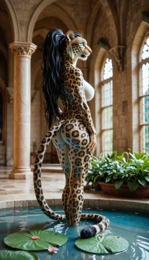 (anthro black leopard woman), older, mature, 8K, inside a castle, full body view, joyfull face, with tail, dinamic view, naked, huge volontropous tits, fit body, humongous ass, very long ponytail hair, blue eyes, standing inside a garden pond, anchle under water