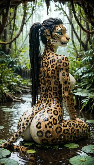(anthro black leopard woman), 8K, inside a swamp, full body view, wet body, joyfull face, with tail, dinamic view, naked, huge volontropous tits, fit body, humongous ass, very long ponytail hair, blue eyes, sittig, sitting inside a swamp