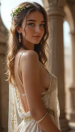 score_9, score_8_up, score_7_up, 8k uhd, hyper realistic, (Greek goddess), princess, 27 years old, (perfect body), long red hair, green eyes, slim figure, perfect round breasts, hard nipples, flowing clothes, fully dressed, fancy hairstyle, (laurel crown), (perfect beautiful face), slight smile, view from below, view from side, sunlight coming from behind, oculus, (skylight), backlit, high contrast, (dramatic lighting), facing you, <lora:attractive_notrigger:.8>, <lora:Midjourney Image Enhancer XL v1:.5>, <lora:MJ52:.5>, <lora:sunnyrayyxo_v1_SDXLBase:.8>