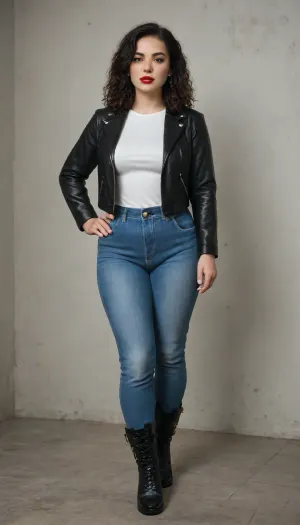 Woman, 35 years old, full build, plump lips, bright red lipstick, long straight black hair, perfect anatomy, leather jacket, jeans, stiletto boots, full height