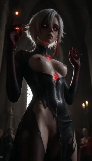 score _9_up, UHD 8K, small breasts, small nipples, arlecchino_\, (genshin_impact\), white hair, Mascara running, ((Red glowing pupils)), black_gloves extreme realism, maximum detail, detailed skin, real lighting, ultra high details, slender waist, perfect anatomic body, girl in castle, public, <lora:580159_training_data:.5>, <lora:dark:.4>, <lora:arlecchino_new:.5>, (cum covered:1.3), oiled body, torn latex dress, slim, standing position, tired, (cum on ass:1.2), (cum on legs:1.2), (view from below:1.4), (cum on body:1.1), (cum on breasts:1.4), (cum on face:1.2), (hands up:1.4)