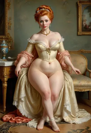 Rococo painting, (Jean-Antoine Watteau, Giovanni Battista Tiepolo), mature sexy curvy woman, a 45-year-old woman, medium chubby, of medium fatness, lies on the floor, lies on her back, lies in the frog pose, legs spread wide, supports her legs with her hands, the perineum is clearly visible, the slit of the pussy and anus are perfectly visible, a depraved pose, (ginger pixie-cut hair:1.3), very short hair, pixie hair, hot, horny, fancy and glamour, big hoop earrings, necklace, big black eyes, curvy chubby, very tall, normal rounded soft slightly saggy tits, at the retro bedroom, looking at the camera, naught horny smile face, big long face, big pointed nose, style, of, patten, Rococo, beautypinupart, 1girl, AH_Fragonard, rococo, french, painting, fullcolor image, 8K quality, Anne Stuart, Queen of England, Scotland and Ireland, stands in the ballroom of the palace surrounded by courtiers, wearing a luxurious brocade dress with a deep neckline, decorated with pearls and precious stones, full body in frame, pussy, labia, clitoris, big, open, spread, closed, small, medium, large, long, shaved, pubic, hair, bad, lighting, bright, 1-alpha, .8>, <lora:tbh356-sdxl:.3>, <lora:PinupManiaXL_V1.0:.7>, <lora:424902_training_data:.8>, <lora:293943_training_data:.6>, <lora:275493_training_data:1.9>