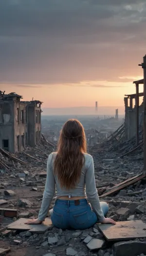 masterpiece, high resolution, post-apocalyptic, picture from behind, caspar david friedrich like picture, destoyed city, rubble and ash, girl looking at the distance, thong, short jeans, long hair, sitting, dusk