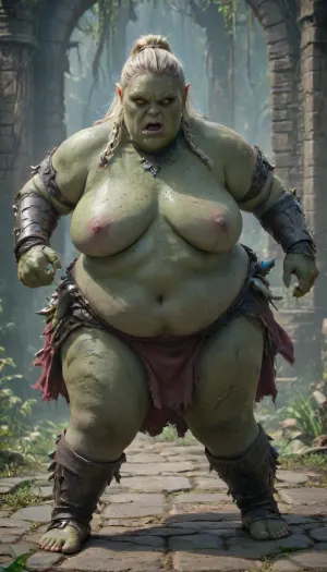 old woman, bbw body, sexy face, side view, green skin, running in attack, wet body, open legs, full body, blonde hair, Her hair is tied up in a bun, fat labia, orc armor costume, big sagging tits, belly, wide hips, plump hand and legs, clear picture, iso100, deep focus, HD, realistic pictures, orcs tower, orcs battle, megachubsdxl, morbidly, obese, <lora:megachubsdxl_13:.8>, Orc, Shaman, <lora:XL_World_of_Warcraft_Orc_Shaman_-_By_HailoKnight:.8>, hkstyle, <lora:hkstyleV5:.8>, <lora:220437_training_data:.8>, finish, line, <lora:finishline_XL_v1:.8>