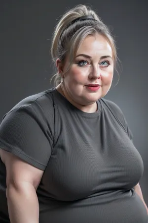(Close-up:1.3), portrait photo a mature chubby woman, fat huge bosom, fat round face, double chin, 60 years old Woman, blue eyes, dark blond pixie haircut, ponytail, chubby jawline, seductive smile, lips parted, teeth showing, big lips, looking at viewer, (solid dark grey background:1.3), eye level shoot, film grain, style by Flora Borsi, OverallDetail, downblouse, loose, t-shirt, leaning, forward, <lora:Lora_Srabonti2023-X4:.3>, <lora:downblouse-v1:.7>, <lora:weight_slider_v2:1.5>