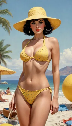 ((full body view, wide angle view)), NSFW, frank Frazetta sketch of Vintage beach movie poster, (black bob-cut hair with bangs), Latina, blue eyes, orgasm facial expression, large breasts, (((itsy-bitsy yellow polka dot bikini))), wide-brimmed sun hat, shaved pussy, pinup, red lipstick, JC Leyendecker, Ron Cobb, Norman Rockwell, 1960s PULP, triadic Colors, French Riviera themed background, breasts, big, boobs, huge, tits, <lora:bombshell_v2:1>