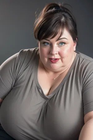 (Close-up:1.2), portrait photo a mature chubby woman, fat huge bosom, fat round face, double chin, 60 years old Woman, blue eyes, brown pixie haircut, ponytail, chubby jawline, pokies, seductive smile, lips parted, mouth open, teeth showing, big lips, looking at viewer, (solid dark grey background:1.3), eye level shoot, film grain, style by Flora Borsi, OverallDetail, downblouse, loose, t-shirt, leaning, forward, <lora:Lora_Srabonti2023-X4:.3>, <lora:downblouse-v1:.7>, <lora:weight_slider_v2:1.5>