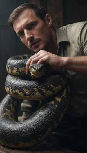 A huge anaconda swallows a man.