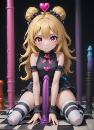 Blondene hair girl, overknee socks, cosplau, flat chess, heart in eye, orgazm, long dildo