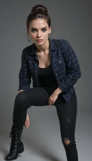 A gritty high-fashion photograph featuring a model with porcelain fair skin, adorned in modern punk attire consisting of ripped fishnet stockings, black leather pants, and a bold tartan shirt, showcasing a defiant expression with a subtle smirk. Her hair is styled in a messy, bold updo, with a few stray strands framing her sharp jawline. The model's eyes, lined with dark eyeliner, seem to pierce through the lens, exuding confidence and attitude. She's posed in a challenging, dynamic position, with one leg bent behind the other, conveying a sense of relaxed tension. The dark background, a deep, cool gray, provides a subtle contrast to the model's bold attire, allowing her to take center stage. The overall aesthetic is raw, edgy, and unapologetic, with a focus on capturing the model's unbridled energy and personality.